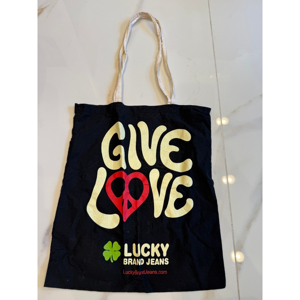 Lucky Brand Jeans Give Love‎ Graphic Tote Bag Black Cotton Canvas Peace Heart